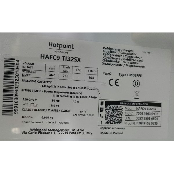 Hotpoint HAFC9 TI32SX kombi hűtő , új szállítási hibás