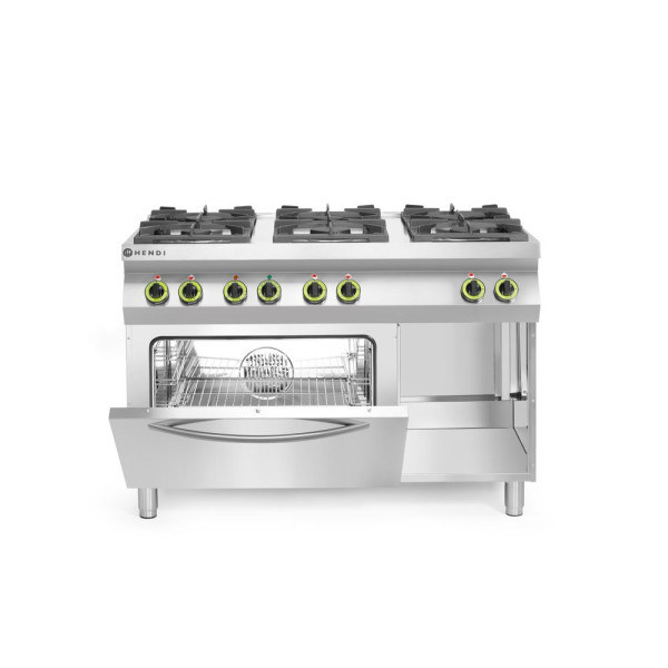 GN 1/1 konvekciós sütővel ellátott 6 égőfejes gáztűzhely Kitchen Line, HENDI, Kitchen Termékcsalád, 230V/3000W, 28,5kW, 1200x722x(H)900mm 225899