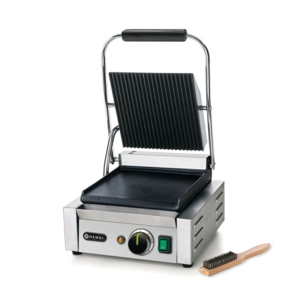 Kontakt grill - szimpla verzió, HENDI, Bordázott tetejű és sima aljú, 230V/1800W, 310x375x(H)216mm 263600