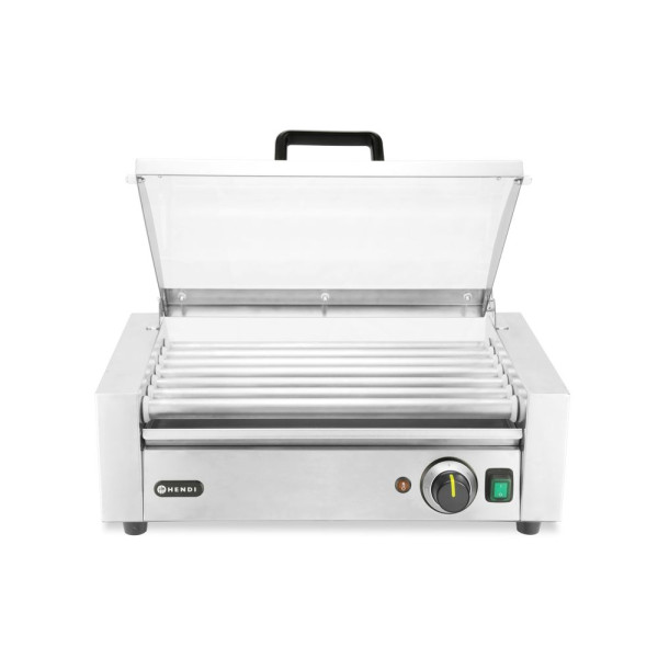 Kolbászsütő grill, 1 zónás, energiatakarékos fedéllel, HENDI, 7 görgős, 230V/620W, 566x375x(H)259mm 268636