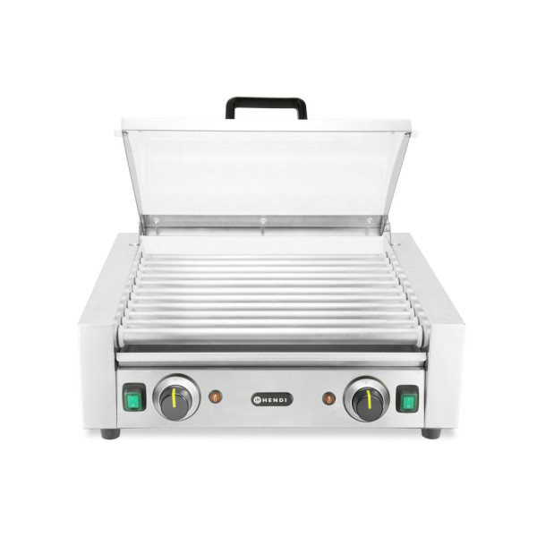 Kolbászsütő grill - 2 zónás energiatakarékos fedéllel, HENDI, 11 görgős, 220-240V/980W, 566x527x(H)259mm 268650
