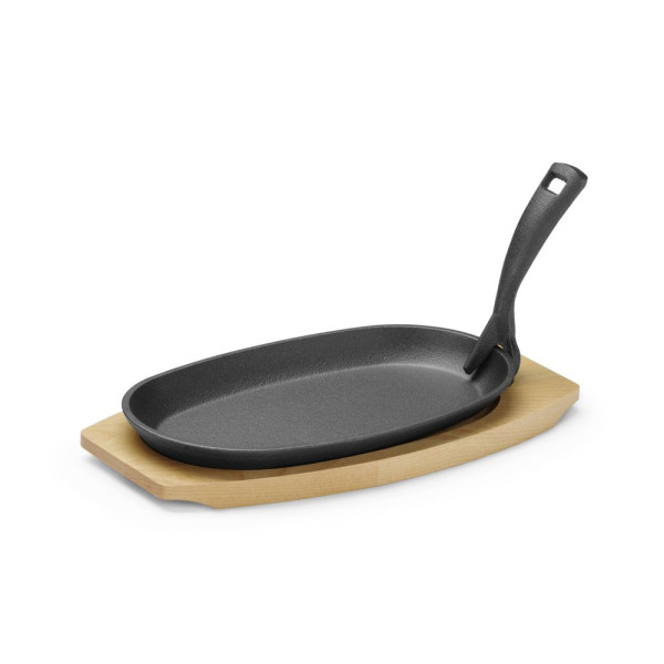 Öntöttvas sütő- és tálalótányér fa alátéttel, fogócsipesszel, HENDI, Fekete, 280x140x(H)30mm 629383