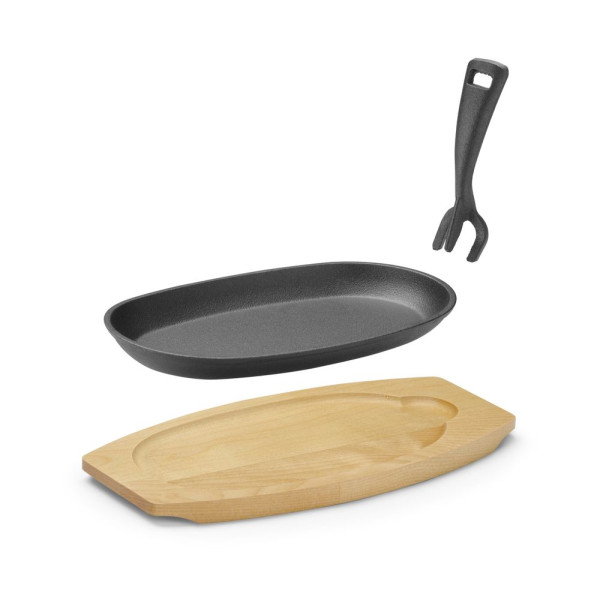 Öntöttvas sütő- és tálalótányér fa alátéttel, fogócsipesszel, HENDI, Fekete, 280x140x(H)30mm 629383