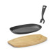 Öntöttvas sütő- és tálalótányér fa alátéttel, fogócsipesszel, HENDI, Fekete, 280x140x(H)30mm 629383