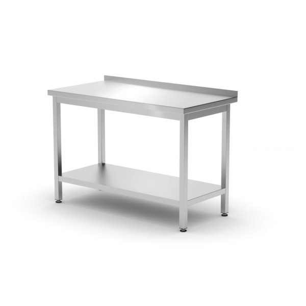 Fali asztal polccal – csavarozott, mélység: 600 mm, HENDI, Profi Line, 1200x600x(H)850mm 811474