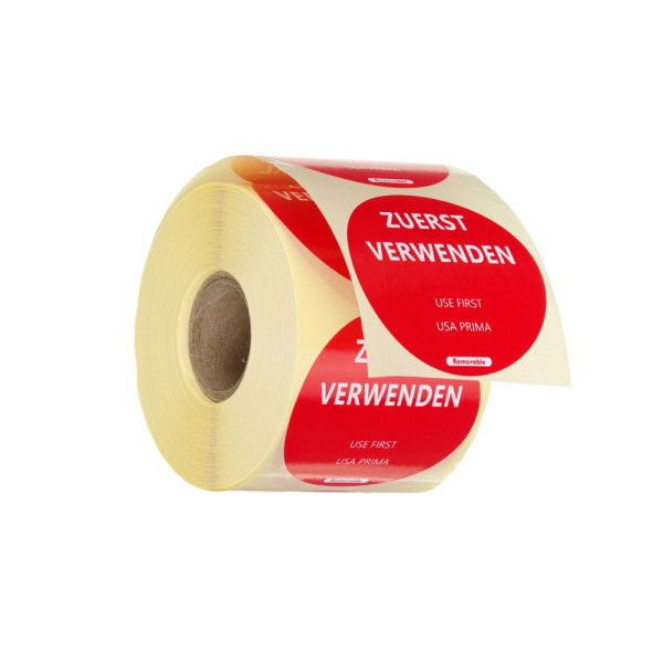 Élelmiszerbiztonsági matricák, többször használatos, könnyen kivehető, „ELSŐ HASZNÁLAT”, HENDI, Piros, 500 db., ⌀50mm 850787