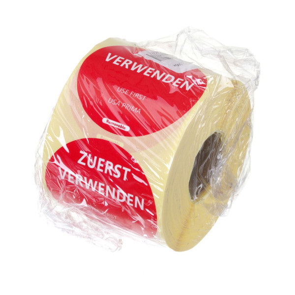 Élelmiszerbiztonsági matricák, többször használatos, könnyen kivehető, „ELSŐ HASZNÁLAT”, HENDI, Piros, 500 db., ⌀50mm 850787