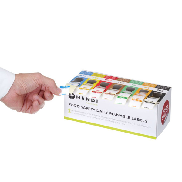 Élelmiszerbiztonsági matrica készlete, többször használatos, könnyen kivehető, adagolóval , HENDI, 240x80x(H)100mm 850794