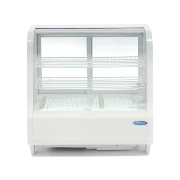 Maxima Refrigerated display case for cookies, can be placed on the counter, bent glass, 100L, white color