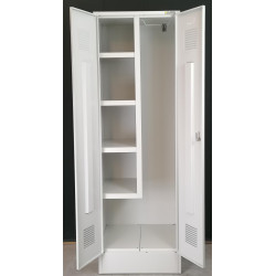 Detergent storage cabinet with 4 fixed shelves, bucket storage, hangers Detergent storage cabinet with 4 fixed shelves, bucket storage, hangers