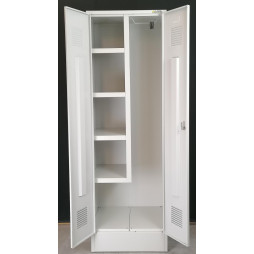 Detergent storage cabinet with 4 fixed shelves, bucket storage, hangers Detergent storage cabinet with 4 fixed shelves, bucket storage, hangers