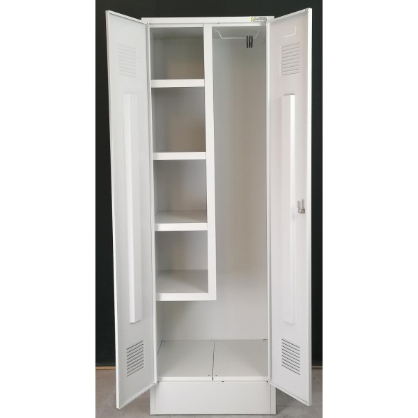 Detergent storage cabinet with 4 fixed shelves, bucket storage, hangers 