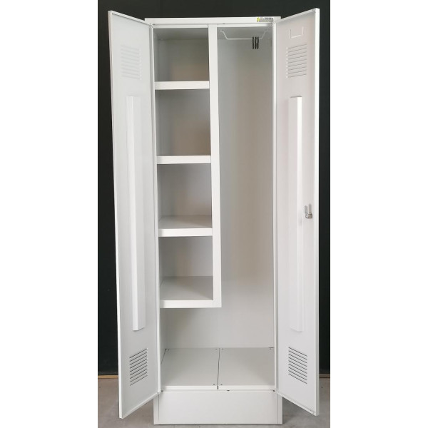 Detergent storage cabinet with 4 fixed shelves, bucket storage, hangers Detergent storage cabinet with 4 fixed shelves, bucket storage, hangers