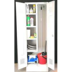 Detergent storage cabinet with 4 fixed shelves, bucket storage, hangers Detergent storage cabinet with 4 fixed shelves, bucket storage, hangers