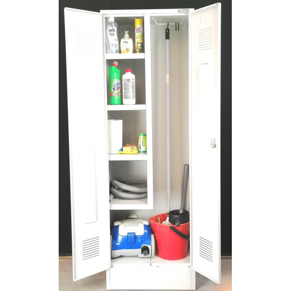 Detergent storage cabinet with 4 fixed shelves, bucket storage, hangers Detergent storage cabinet with 4 fixed shelves, bucket storage, hangers